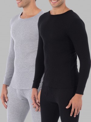 Men's Fruit Of The Loom Big Waffle Thermal Crew, 2 Pack Tops Black Soot/Light Grey | NYR015948