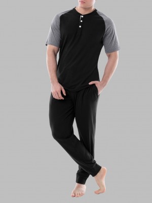 Men's Fruit Of The Loom Jersey Short Sleeve Henley Jogger Pant, 2 Piece Set Tops & Sweatpants Black/Grey | AWR632458