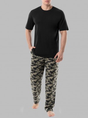 Men's Fruit Of The Loom Short Sleeve Jersey Knit Fleece, 2 Piece Set Pajamas Black Camo Set | ZMR719065
