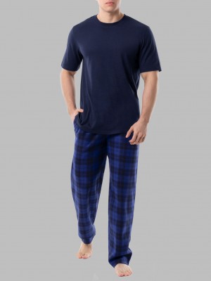 Men's Fruit Of The Loom Short Sleeve Jersey Knit Fleece, 2 Piece Set Pajamas Navy Blue Set | ATZ026548