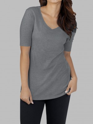 Women's Fruit Of The Loom Essentials Elbow Length V-Neck T Shirts Elbow Length Oxford | ICT523784