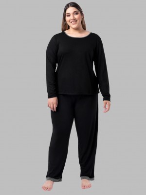 Women's Fruit Of The Loom Plus Fit for Me® Soft Breathable Crew Neck Long Sleeve Shirt Pant, 2 Piece Set Pajamas Black Soot | VSF190257