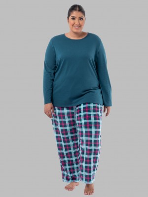 Women's Fruit Of The Loom Plus Fit for Me®Fleece Bottom Top & Bottom Midnight Blue/Tartan | QBE870362