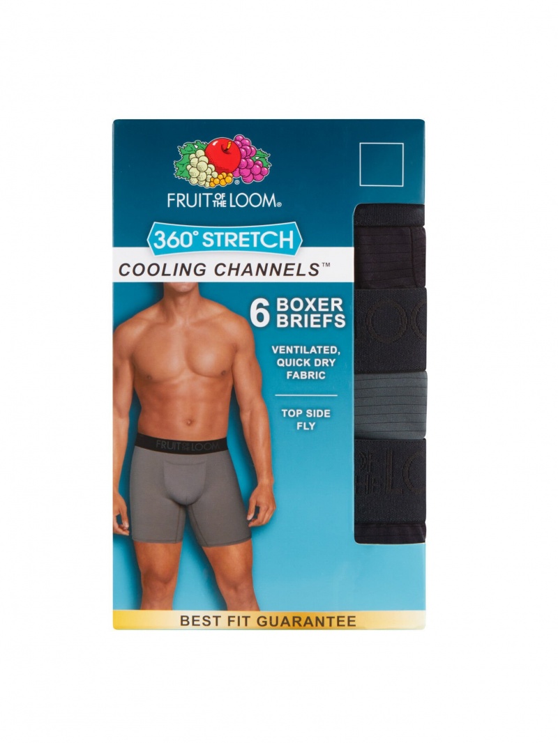 Men's Fruit Of The Loom 360 Stretch Cooling Channel, 6 Pack Boxer Briefs Black/Gray | CTA837620