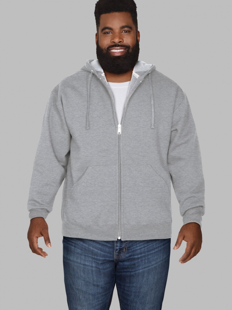Men\'s Fruit Of The Loom Big Eversoft® Fleece Full Zip Hoodie Grey | EJI234057