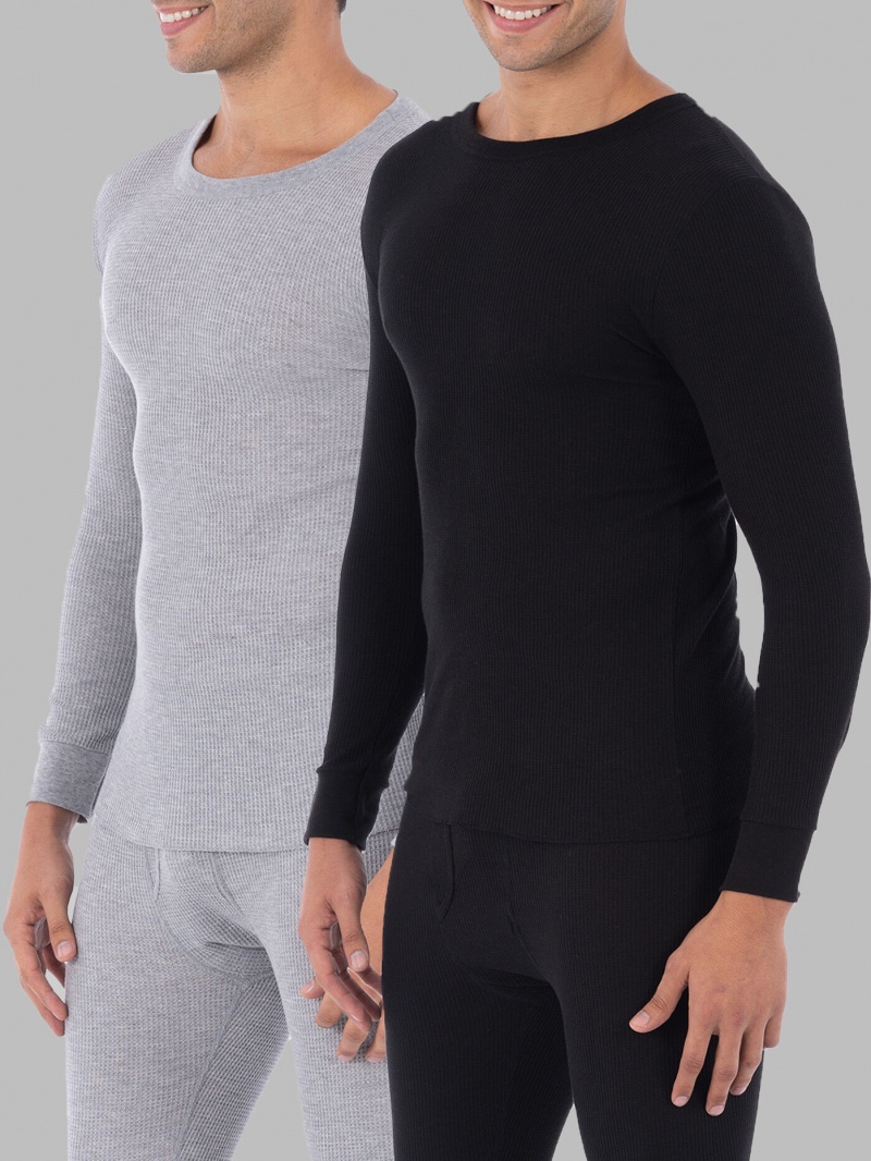 Men\'s Fruit Of The Loom Big Waffle Thermal Crew, 2 Pack Tops Black Soot/Light Grey | NYR015948