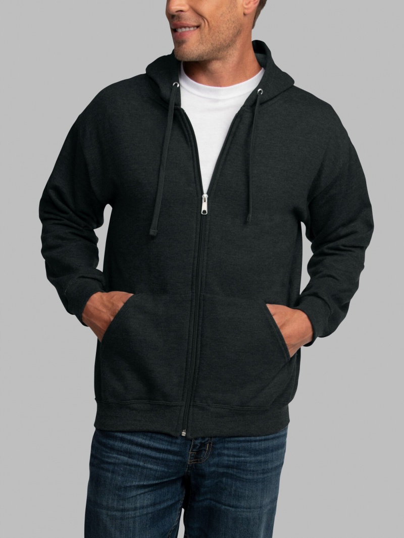 Men's Fruit Of The Loom EverSoft® Fleece Full Zip, Extended Sizes Hoodie Black | LWX869712