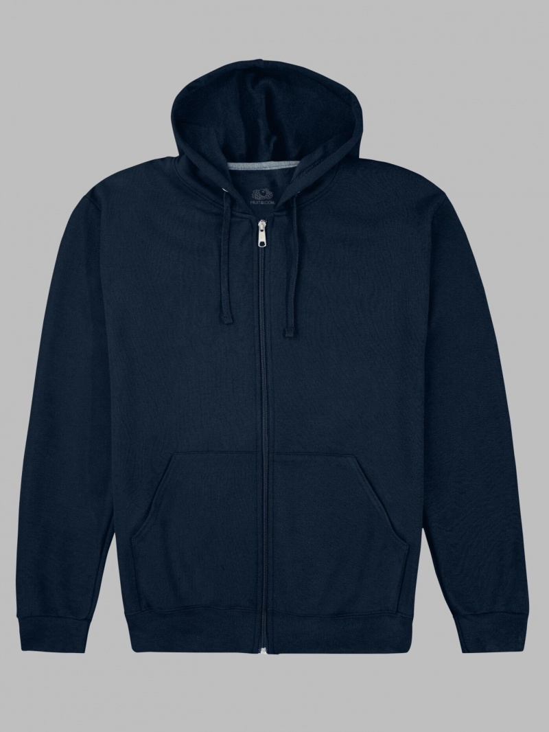 Men's Fruit Of The Loom EverSoft® Fleece Full Zip, Extended Sizes Hoodie Navy | JDM349156