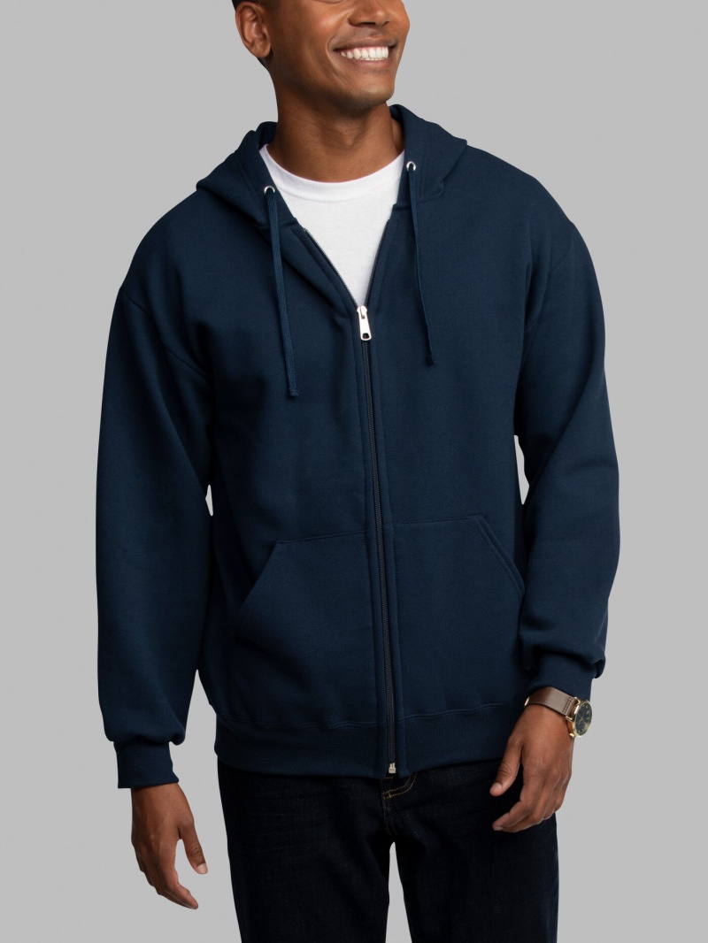 Men's Fruit Of The Loom EverSoft® Fleece Full Zip, Extended Sizes Hoodie Navy | JDM349156