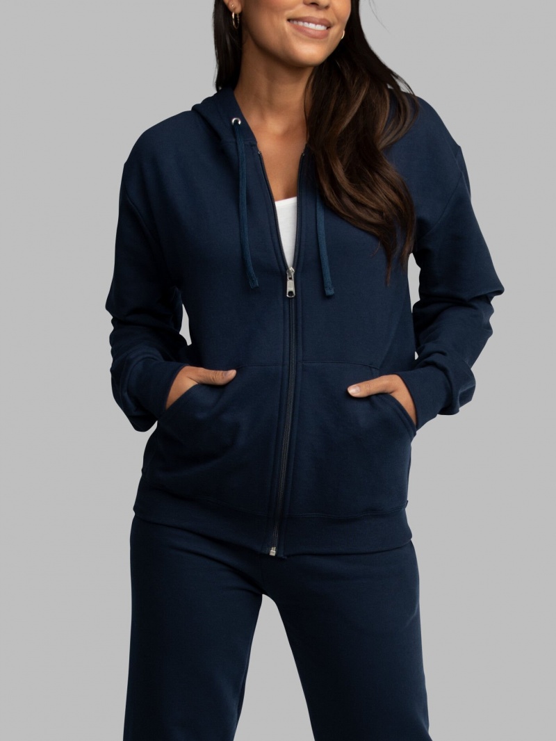 Men's Fruit Of The Loom EverSoft® Fleece Full Zip, Extended Sizes Hoodie Navy | JDM349156