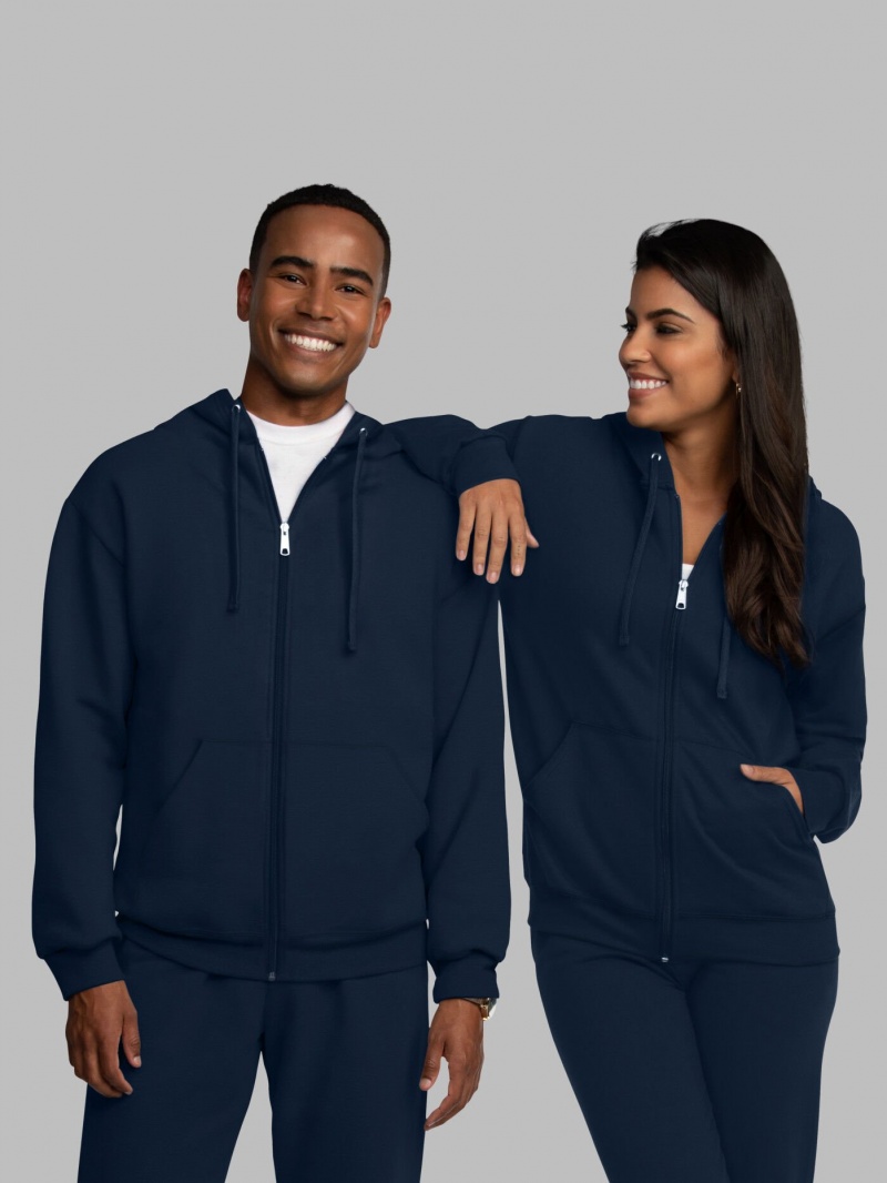 Men\'s Fruit Of The Loom EverSoft® Fleece Full Zip, Extended Sizes Hoodie Navy | JDM349156