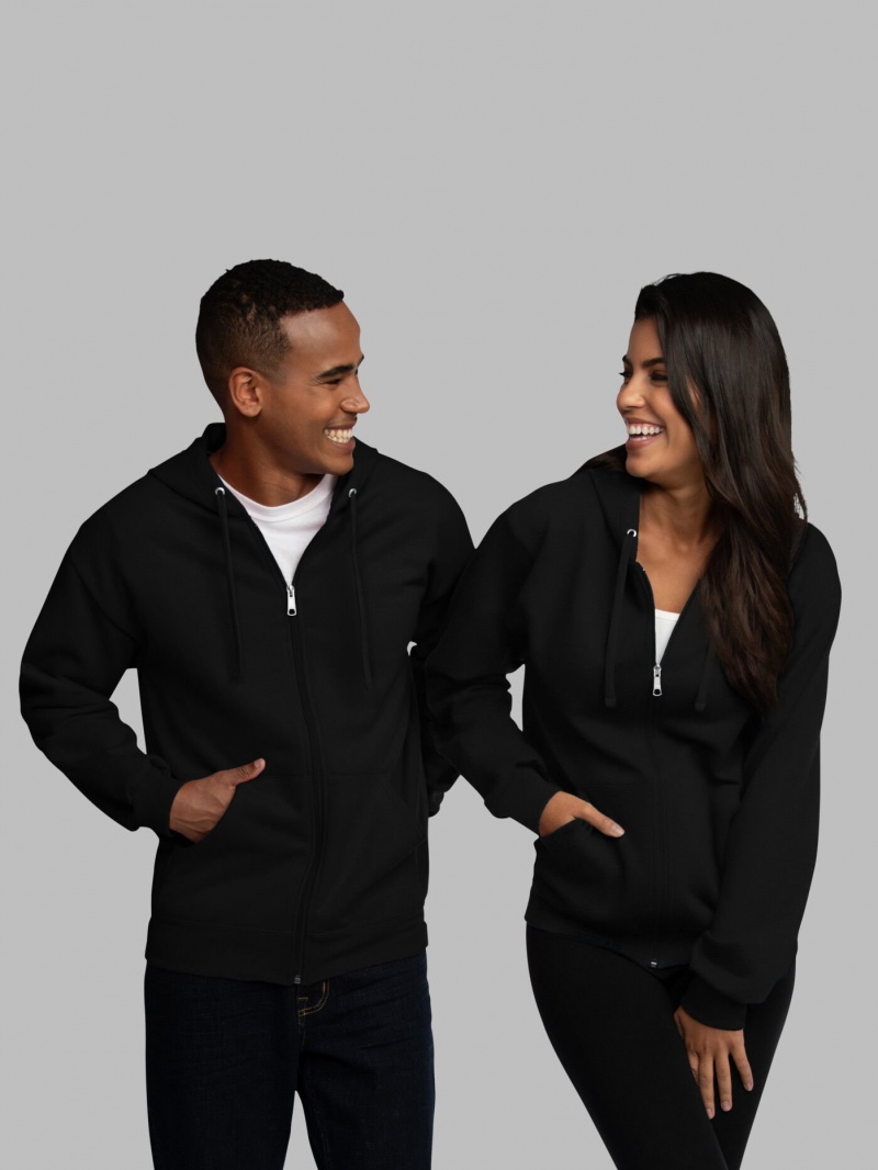 Men\'s Fruit Of The Loom EverSoft® Fleece Full Zip Hoodie Black | LEJ178456