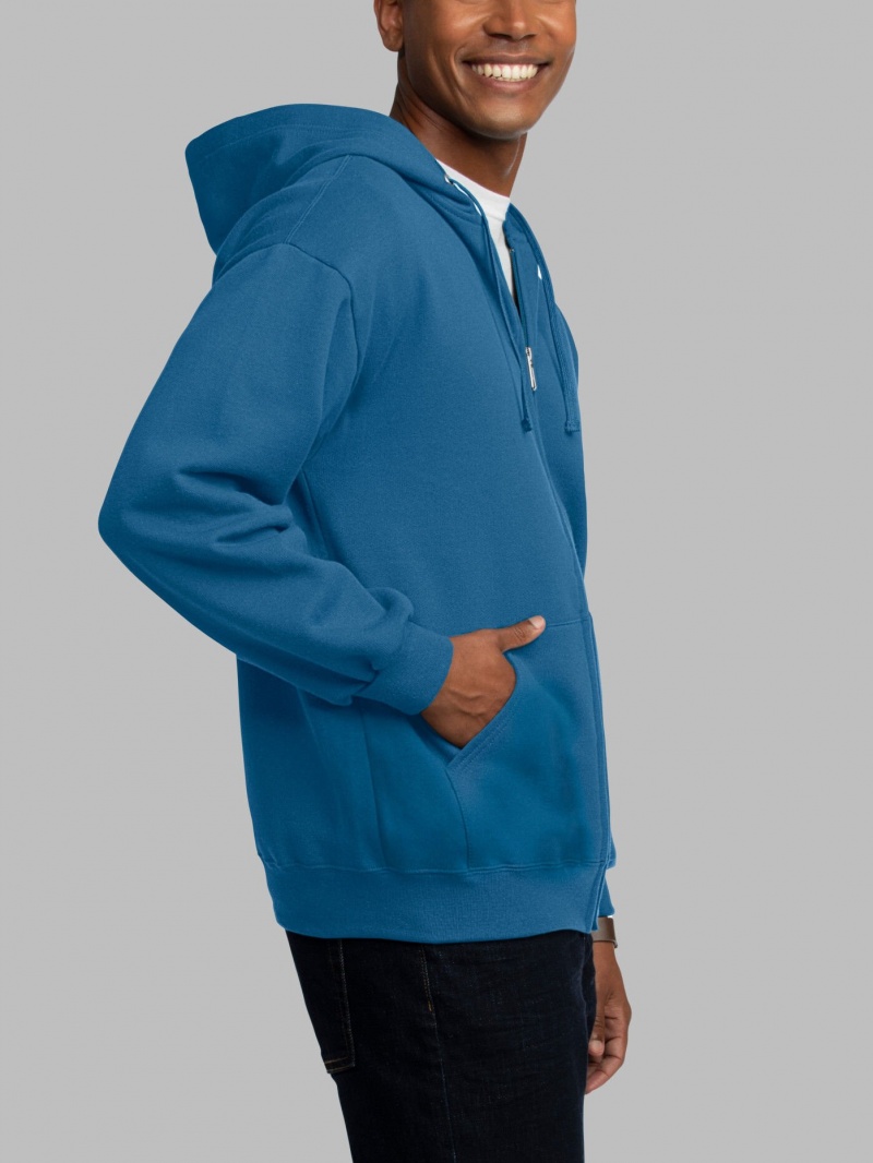 Men's Fruit Of The Loom EverSoft® Fleece Full Zip Hoodie Blue | YSP916735