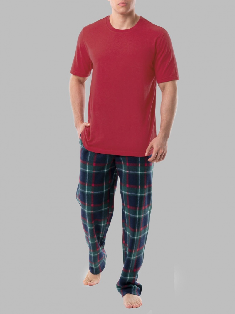 Men\'s Fruit Of The Loom Short Sleeve Jersey Knit Fleece, 2 Piece Set Pajamas Red Green Set | HXS901874