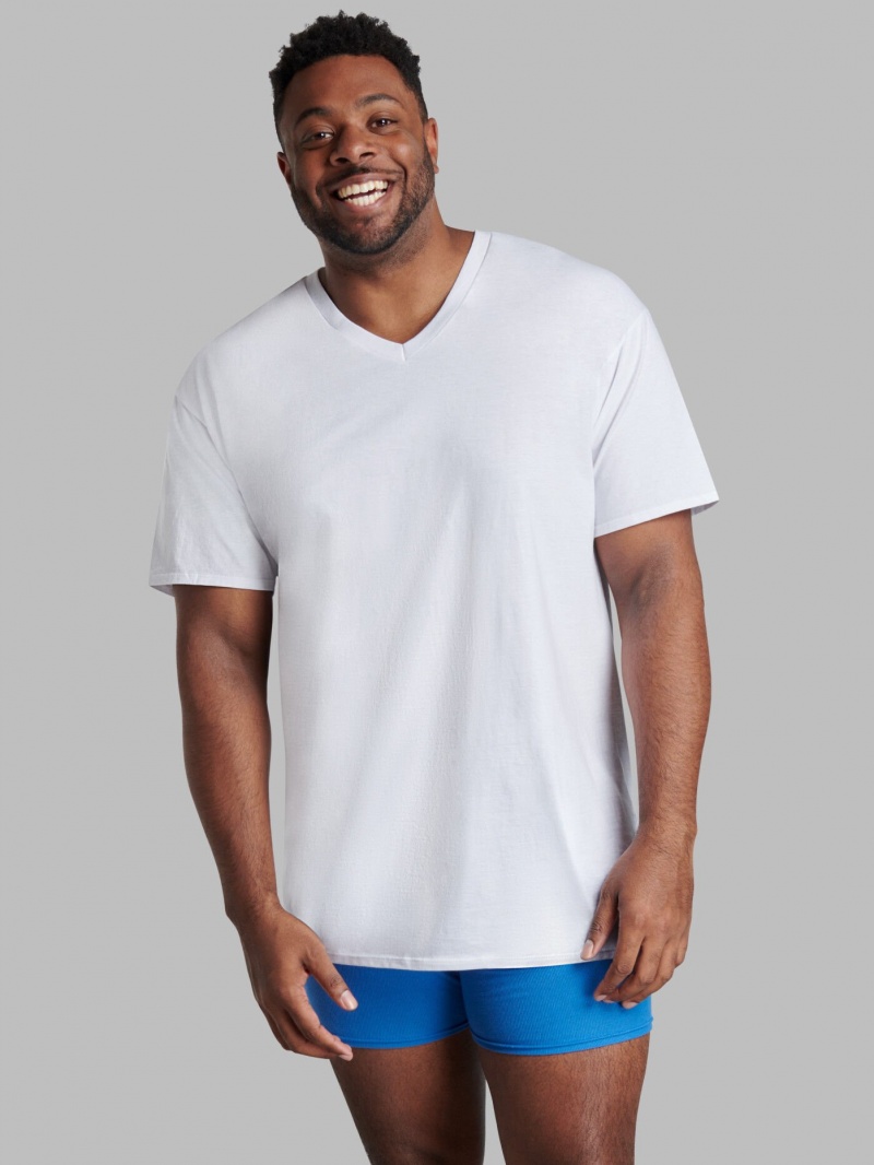 Men\'s Fruit Of The Loom Tall Short Sleeve V-neck, 6 Pack Sweatpants White | BCH698453