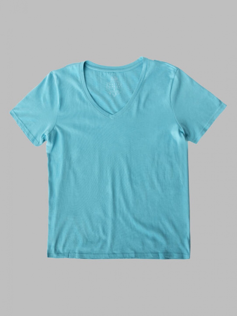 Women\'s Fruit Of The Loom Crafted Comfort Artisan Tee™ V-Neck T Shirts Seabreeze | OQX259674