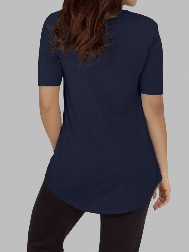 Women's Fruit Of The Loom Essentials Elbow Length V-Neck T Shirts Elbow Length T Blue | YHK592147