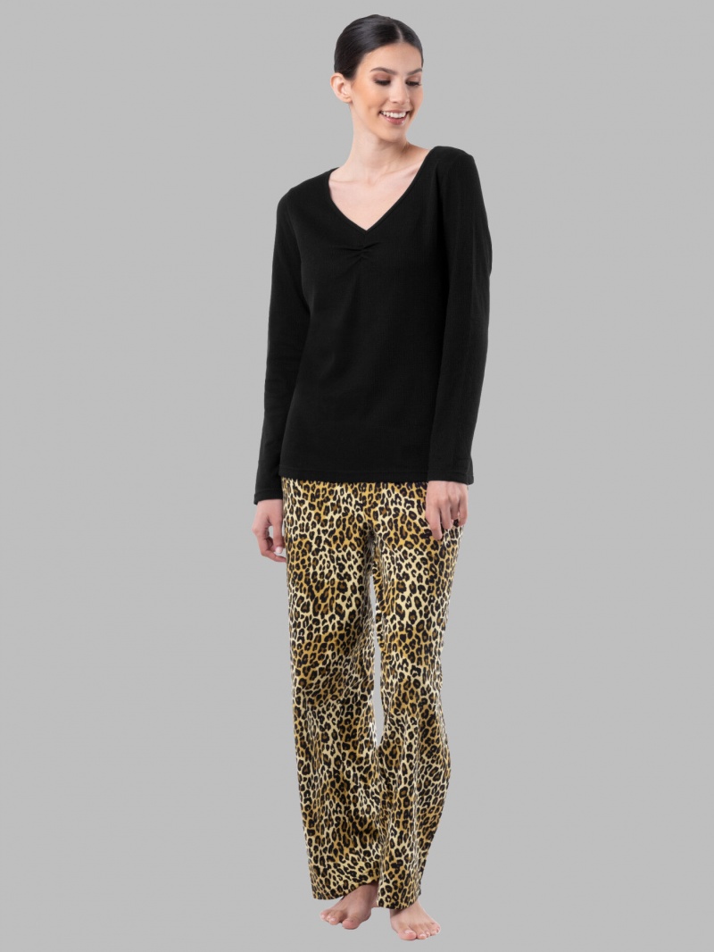 Women\'s Fruit Of The Loom Flannel Bottom, 2 Piece Set Sleepwear Black/Natural Animal | DBL192576