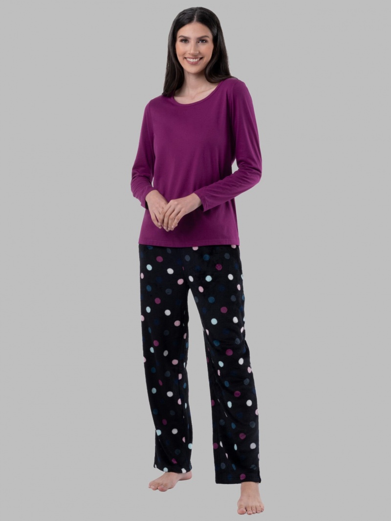 Women\'s Fruit Of The Loom Fleece Bottom, 2 Piece Set Sleepwear Royal Berry/Multi Dots Print | EJR627198