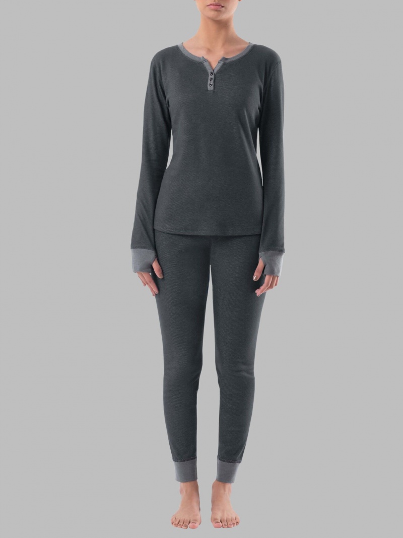 Women\'s Fruit Of The Loom Raschel Henley Pant, 2-Piece Set Pajamas Raschel Dark Grey | BFQ920178