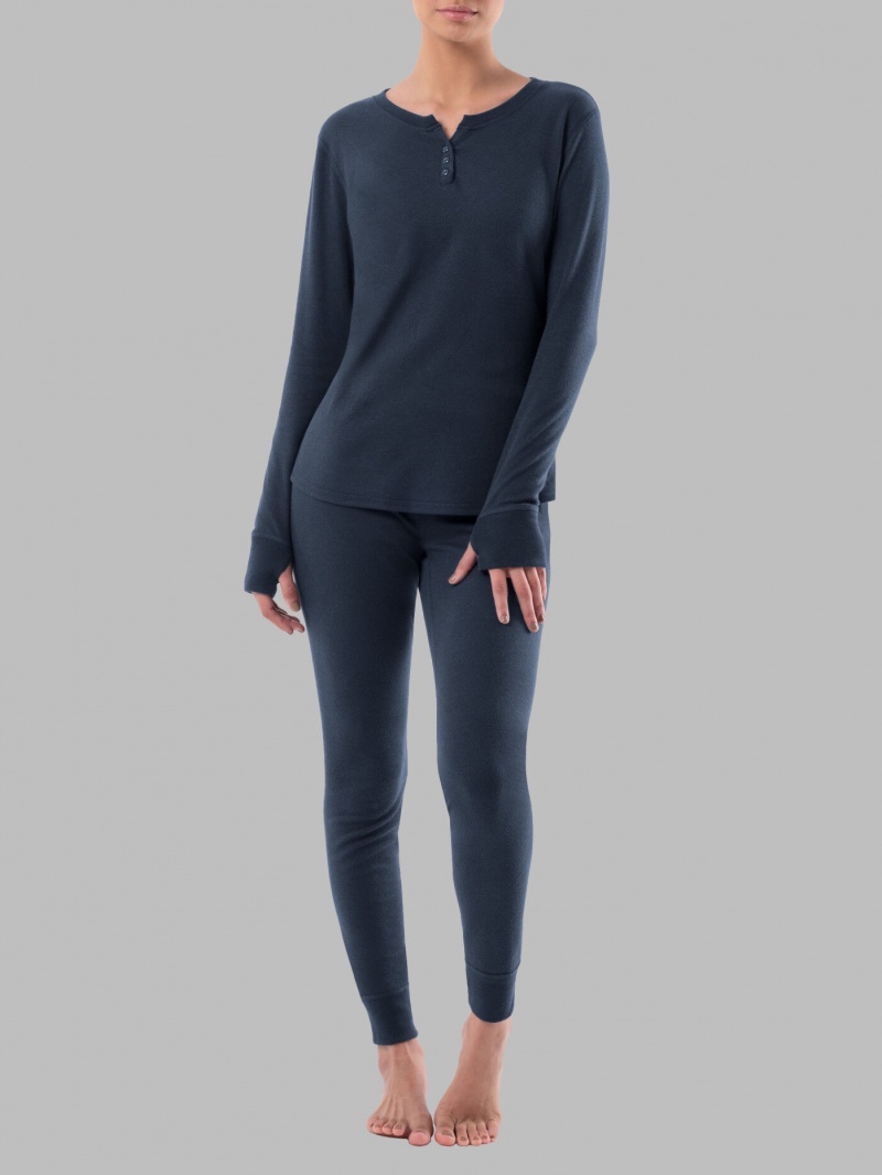 Women\'s Fruit Of The Loom Raschel Henley Pant, 2-Piece Set Pajamas Raschel Navy | HTL516928