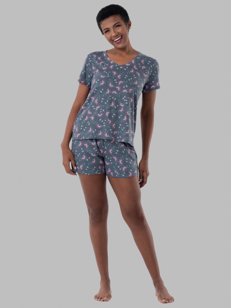 Women\'s Fruit Of The Loom Soft Breathable V-Neck Short, 2-Piece Set Pajamas Floral Print | EKA504821