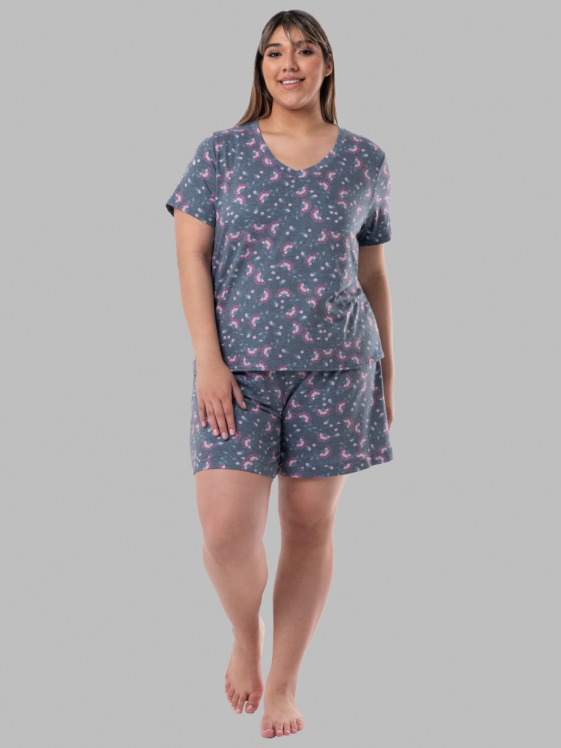 Women\'s Fruit Of The Loom Soft Breathable V-Neck Short, 2-Piece Set Pajamas Floral Print | EAM026145